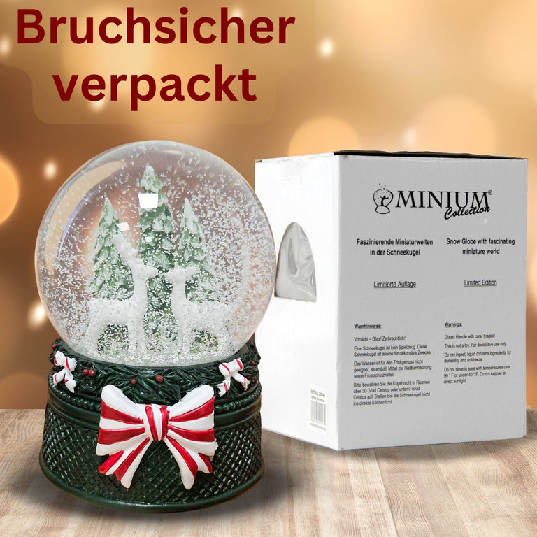 Nostalgische Schneekugel 2 Rehe Weihnachtsdekor grün 100 mm Durchmesser mit Spieluhr - Schneekugelhaus