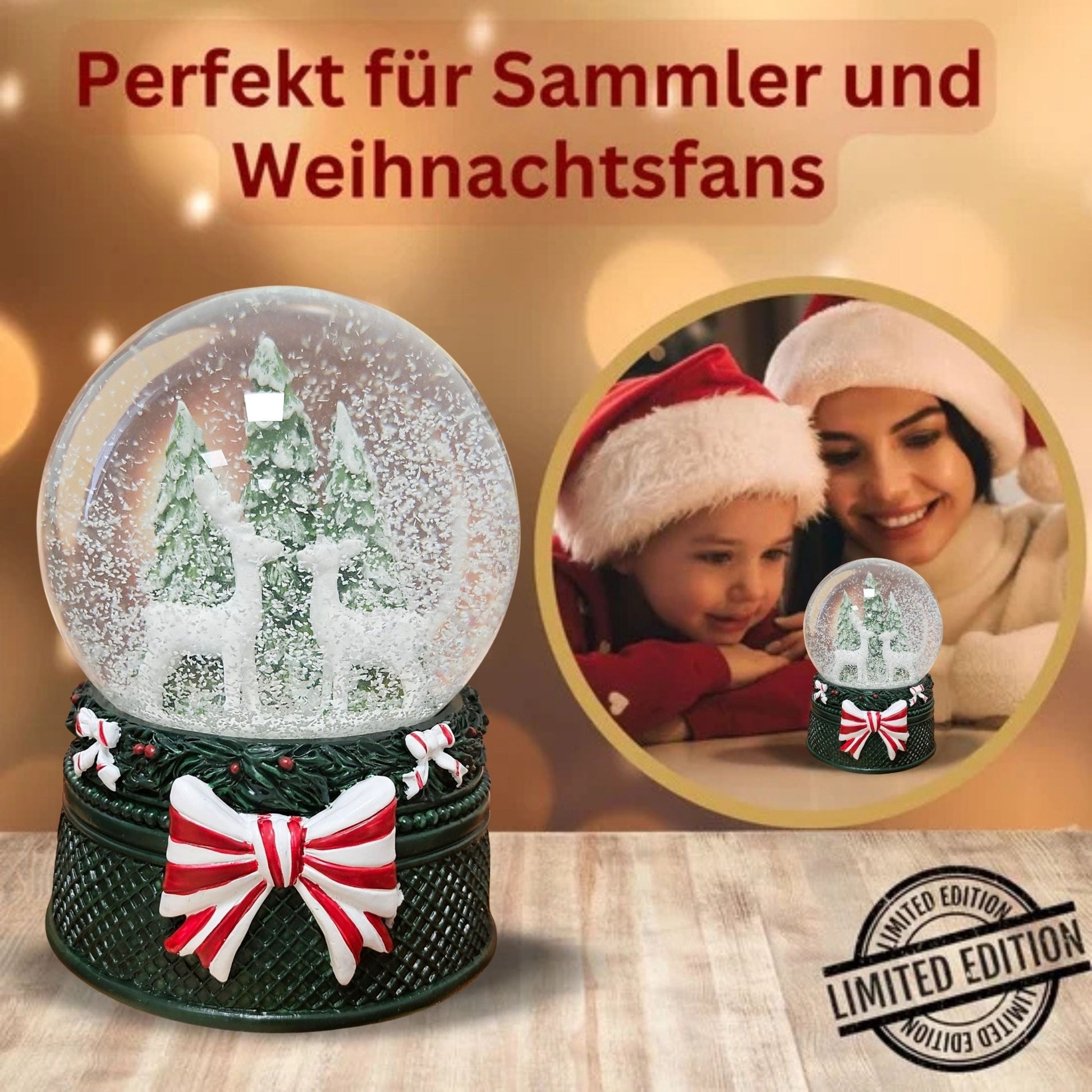 Nostalgische Schneekugel 2 Rehe Weihnachtsdekor grün 100 mm Durchmesser mit Spieluhr - Schneekugelhaus