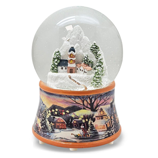 Nostalgische Schneekugel Bergdorf auf Sockel Winterlandschaft ocker Rand 100 mm Durchmesser mit Spieluhr - Schneekugelhaus