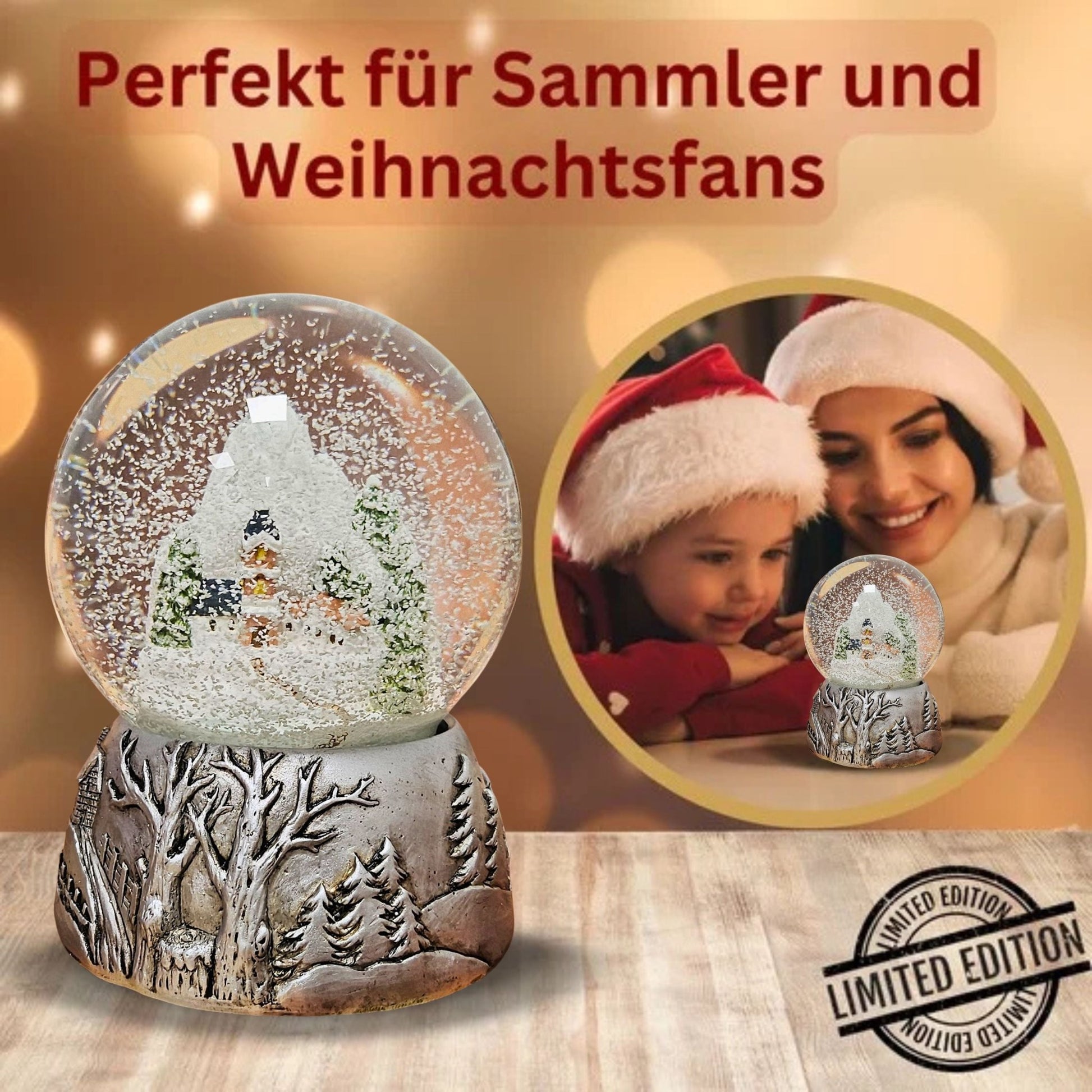 Nostalgische Schneekugel Bergdorf Silber Landschaft 100 mm Durchmesser mit Spieluhr - Schneekugelhaus