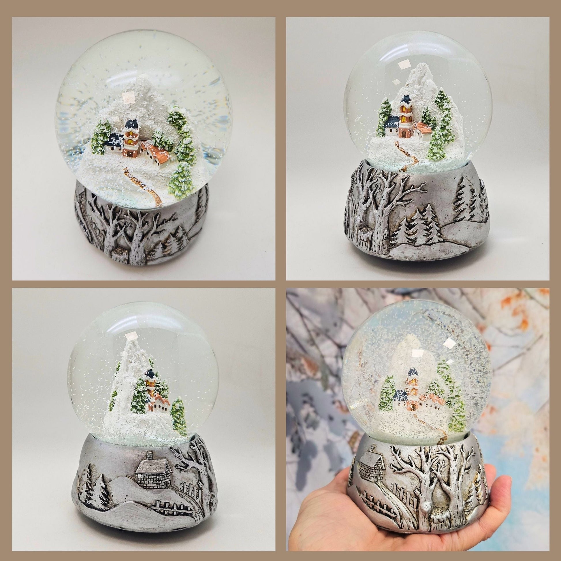 Nostalgische Schneekugel Bergdorf Silber Landschaft 100 mm Durchmesser mit Spieluhr - Schneekugelhaus