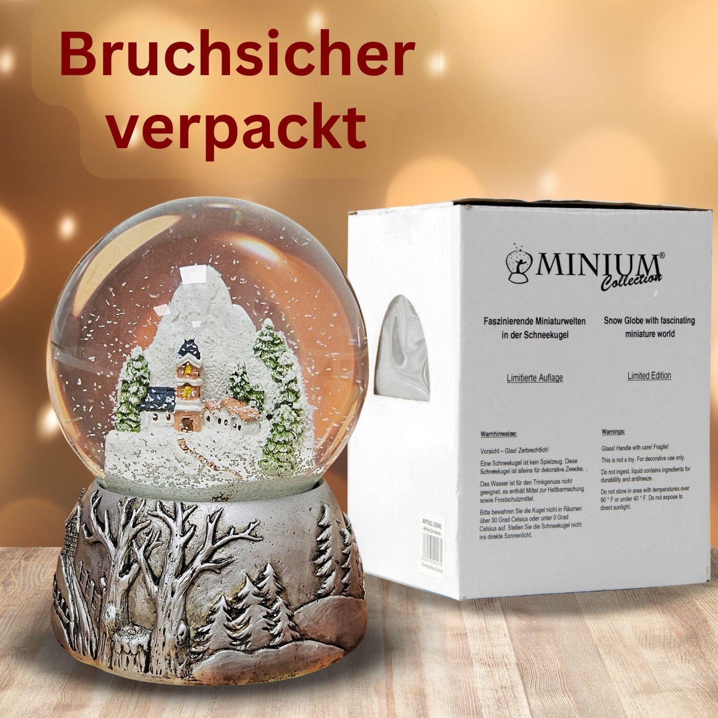 Nostalgische Schneekugel Bergdorf Silber Landschaft 100 mm Durchmesser mit Spieluhr - Schneekugelhaus