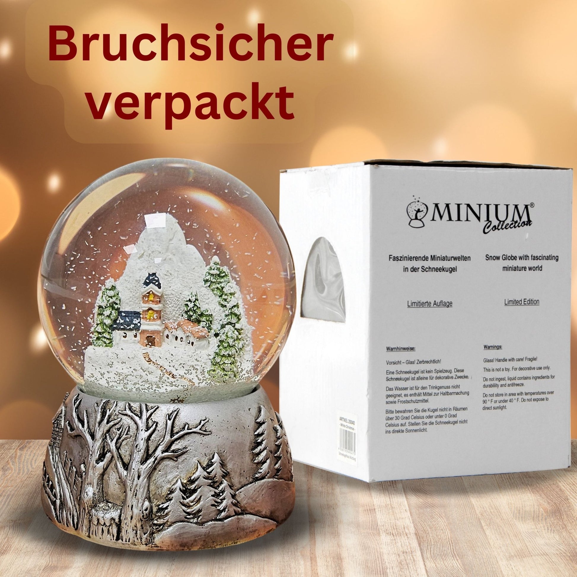 Nostalgische Schneekugel Bergdorf Silber Landschaft 100 mm Durchmesser mit Spieluhr - Schneekugelhaus