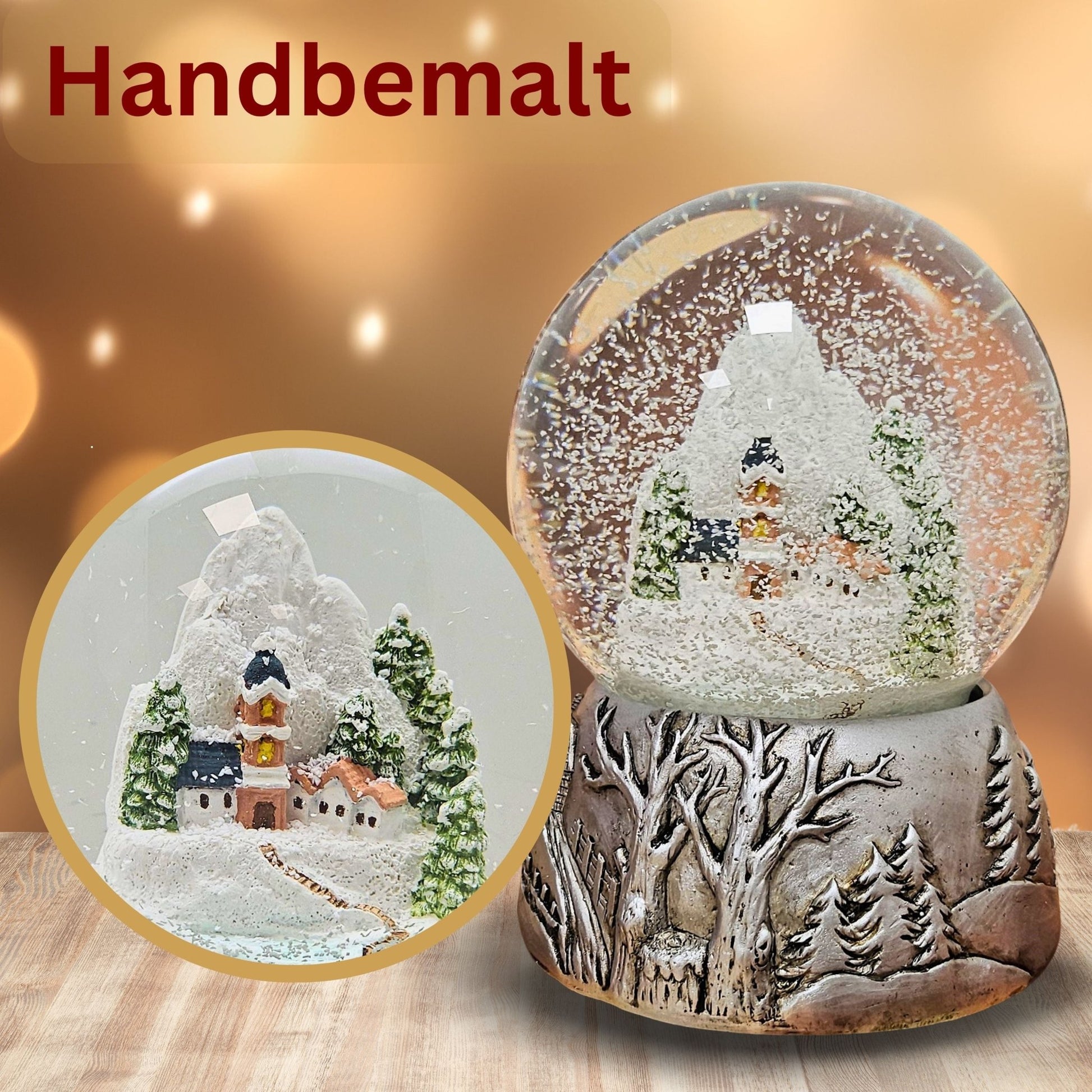 Nostalgische Schneekugel Bergdorf Silber Landschaft 100 mm Durchmesser mit Spieluhr - Schneekugelhaus