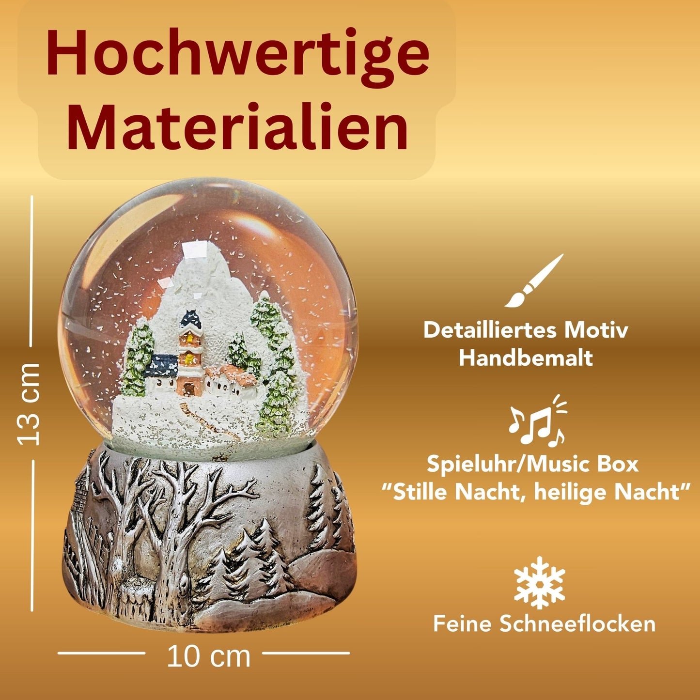 Nostalgische Schneekugel Bergdorf Silber Landschaft 100 mm Durchmesser mit Spieluhr - Schneekugelhaus