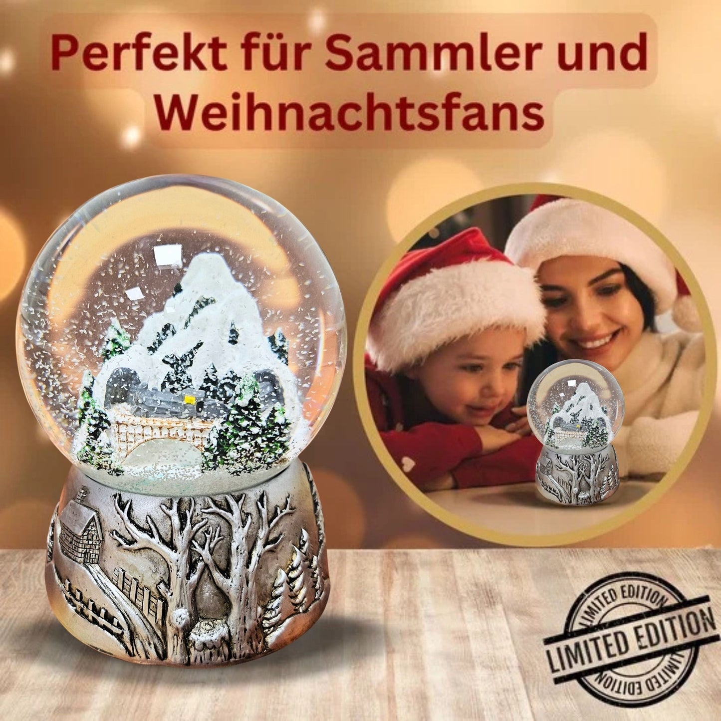 Nostalgische Schneekugel Berglandschaft Brücke Silber Landschaft 100 mm Durchmesser mit Spieluhr - Schneekugelhaus
