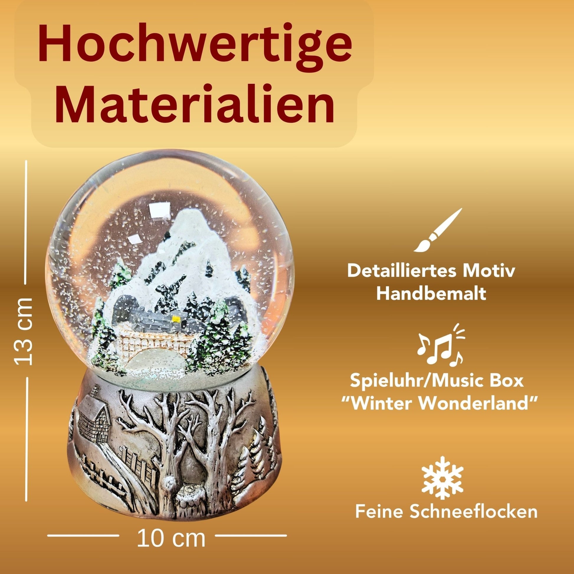 Nostalgische Schneekugel Berglandschaft Brücke Silber Landschaft 100 mm Durchmesser mit Spieluhr - Schneekugelhaus
