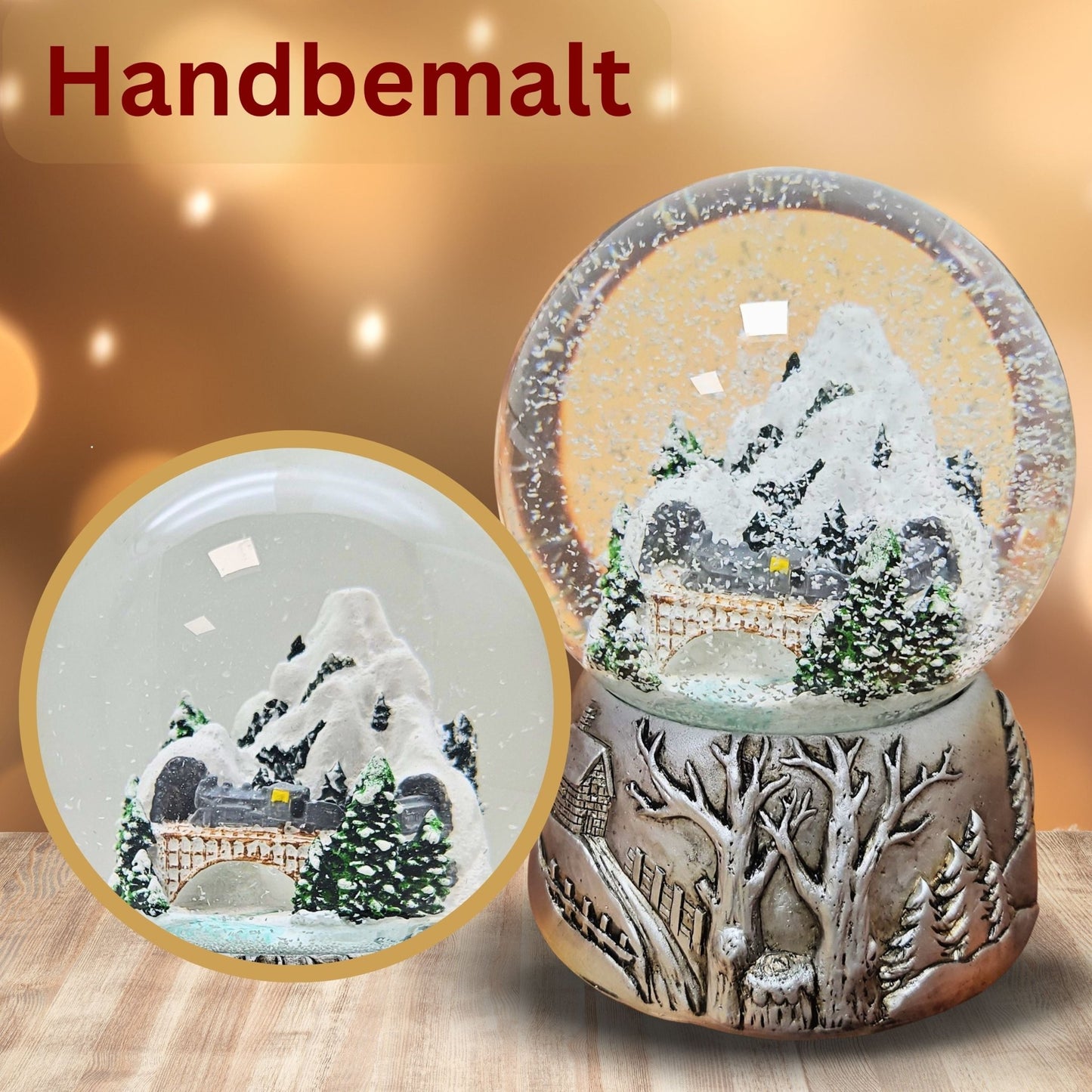 Nostalgische Schneekugel Berglandschaft Brücke Silber Landschaft 100 mm Durchmesser mit Spieluhr - Schneekugelhaus