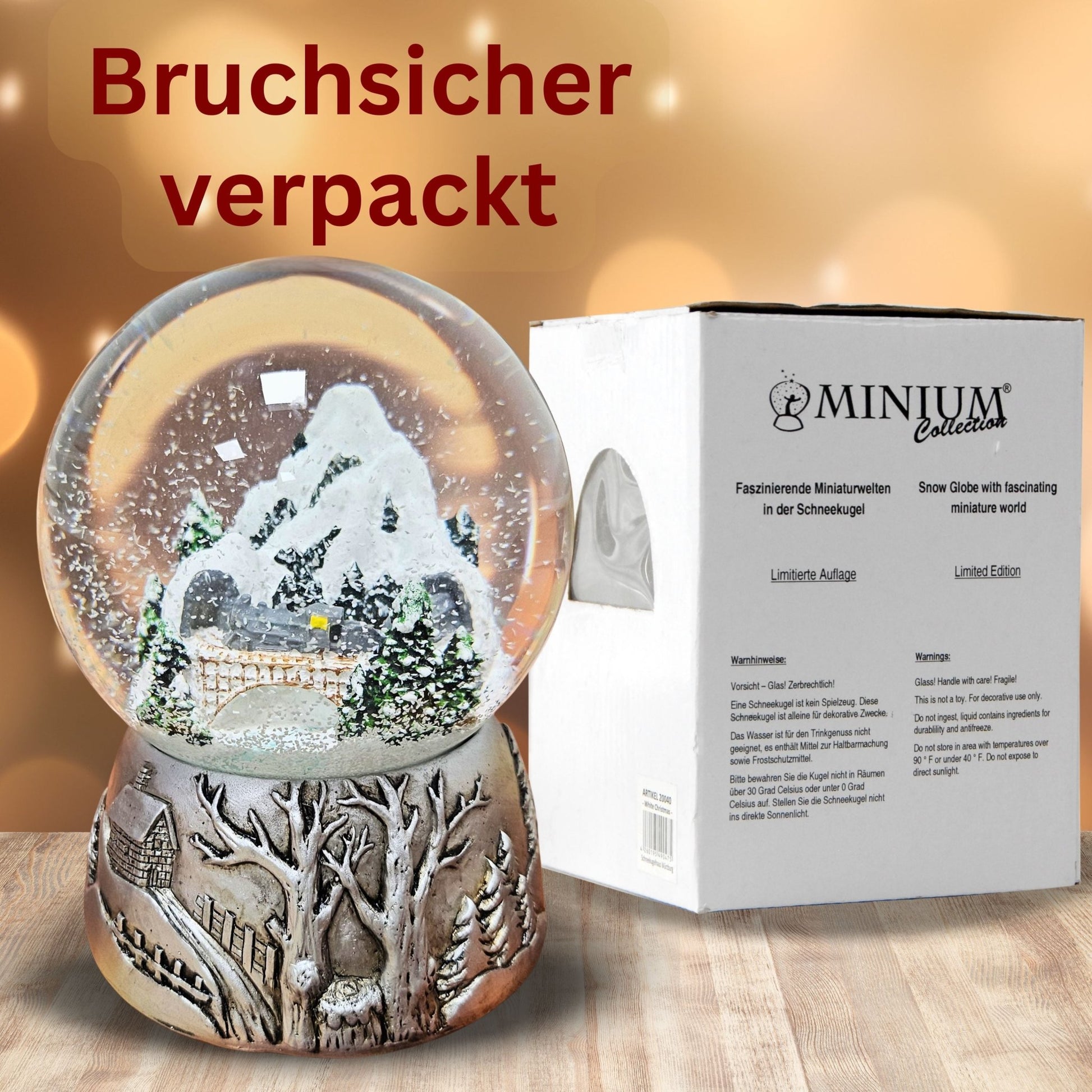 Nostalgische Schneekugel Berglandschaft Brücke Silber Landschaft 100 mm Durchmesser mit Spieluhr - Schneekugelhaus