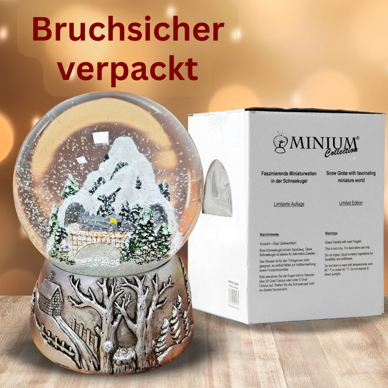 Nostalgische Schneekugel Berglandschaft Brücke Silber Landschaft 100 mm Durchmesser mit Spieluhr - Schneekugelhaus