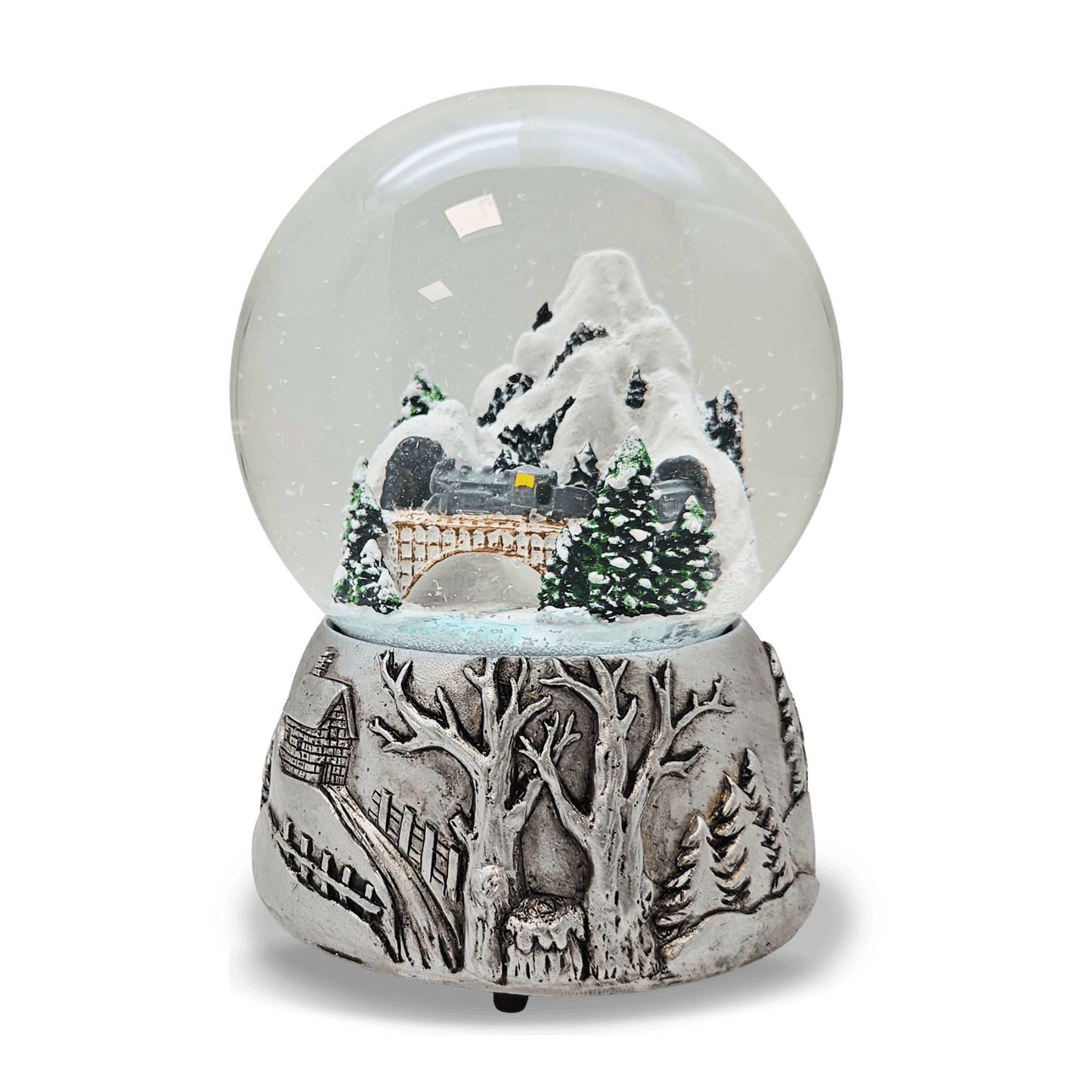 Nostalgische Schneekugel Berglandschaft Brücke Silber Landschaft 100 mm Durchmesser mit Spieluhr - Schneekugelhaus