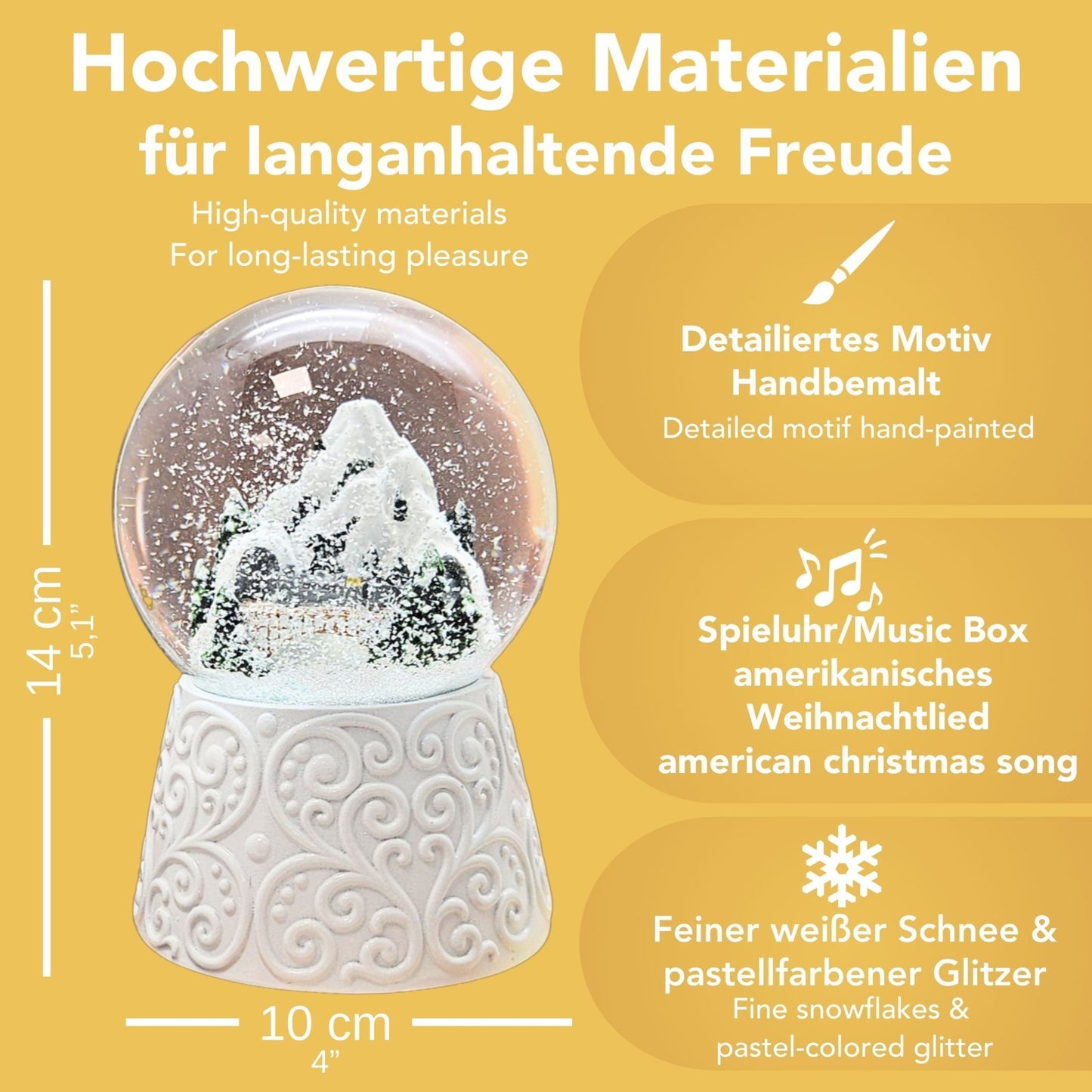 Nostalgische Schneekugel Berglandschaft mit Brücke auf Sockel weiß Ornamente 100 mm Durchmesser mit Spieluhr - Schneekugelhaus