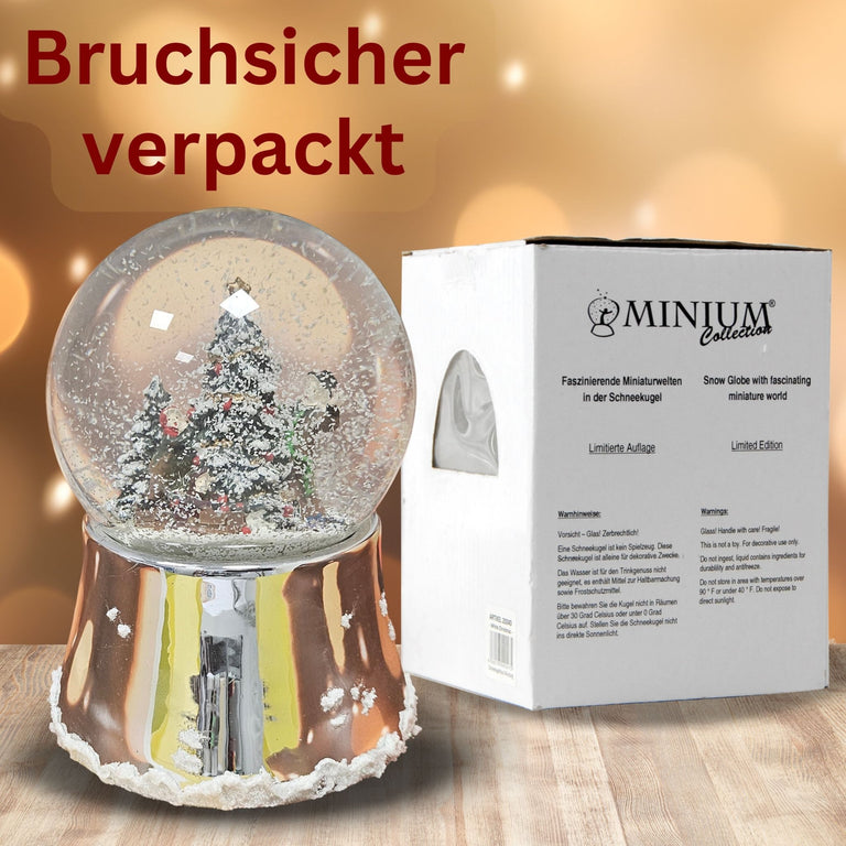 Nostalgische Schneekugel Christbaum schmücken auf silber glänzend mit Schneeflocken 100 mm Durchmesser mit Spieluhr - Schneekugelhaus