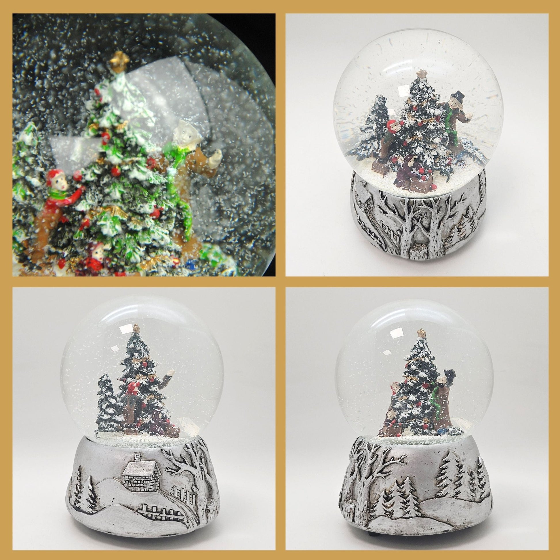 Nostalgische Schneekugel Christbaum schmücken auf Silber Landschaft 100 mm Durchmesser mit Spieluhr - Schneekugelhaus