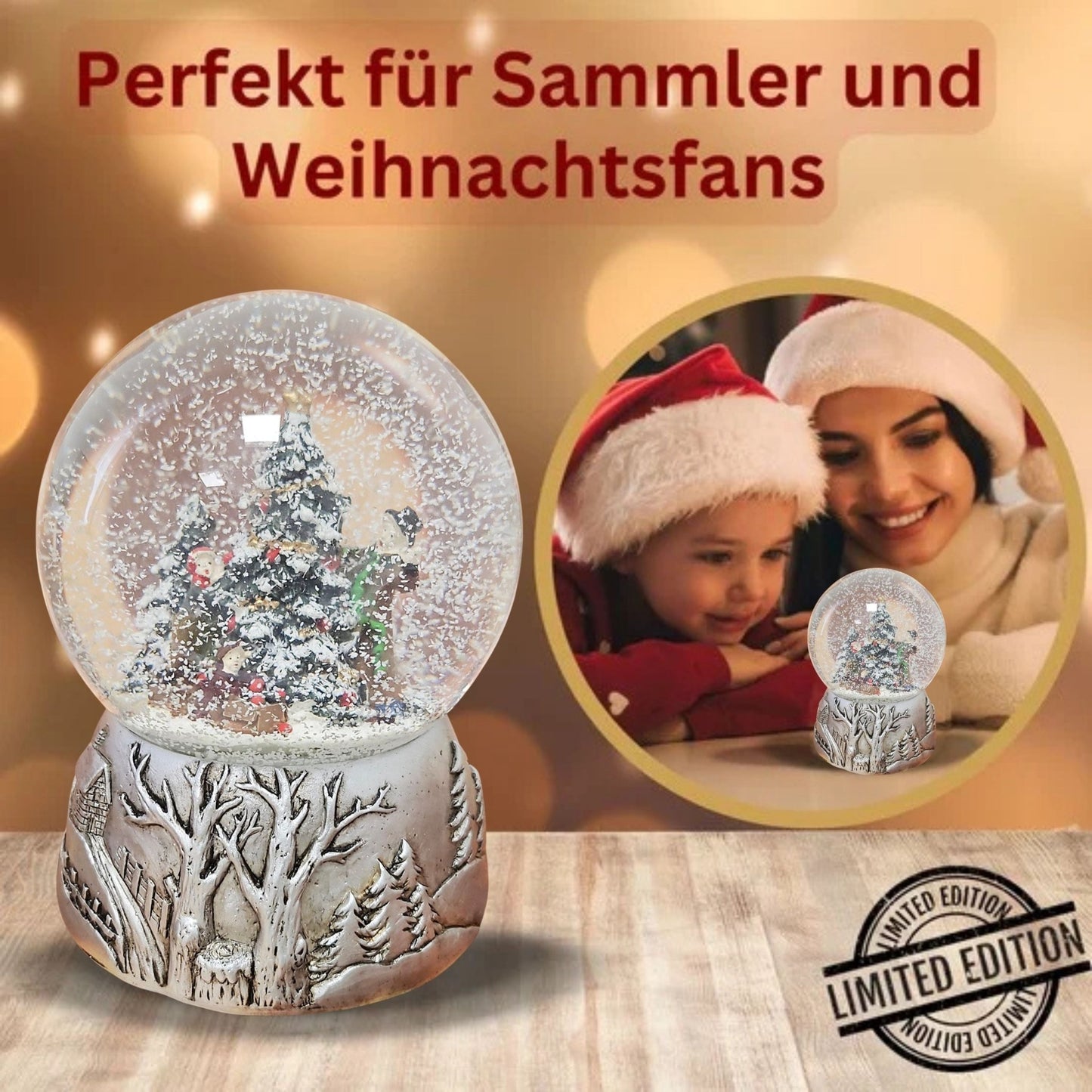 Nostalgische Schneekugel Christbaum schmücken auf Silber Landschaft 100 mm Durchmesser mit Spieluhr - Schneekugelhaus