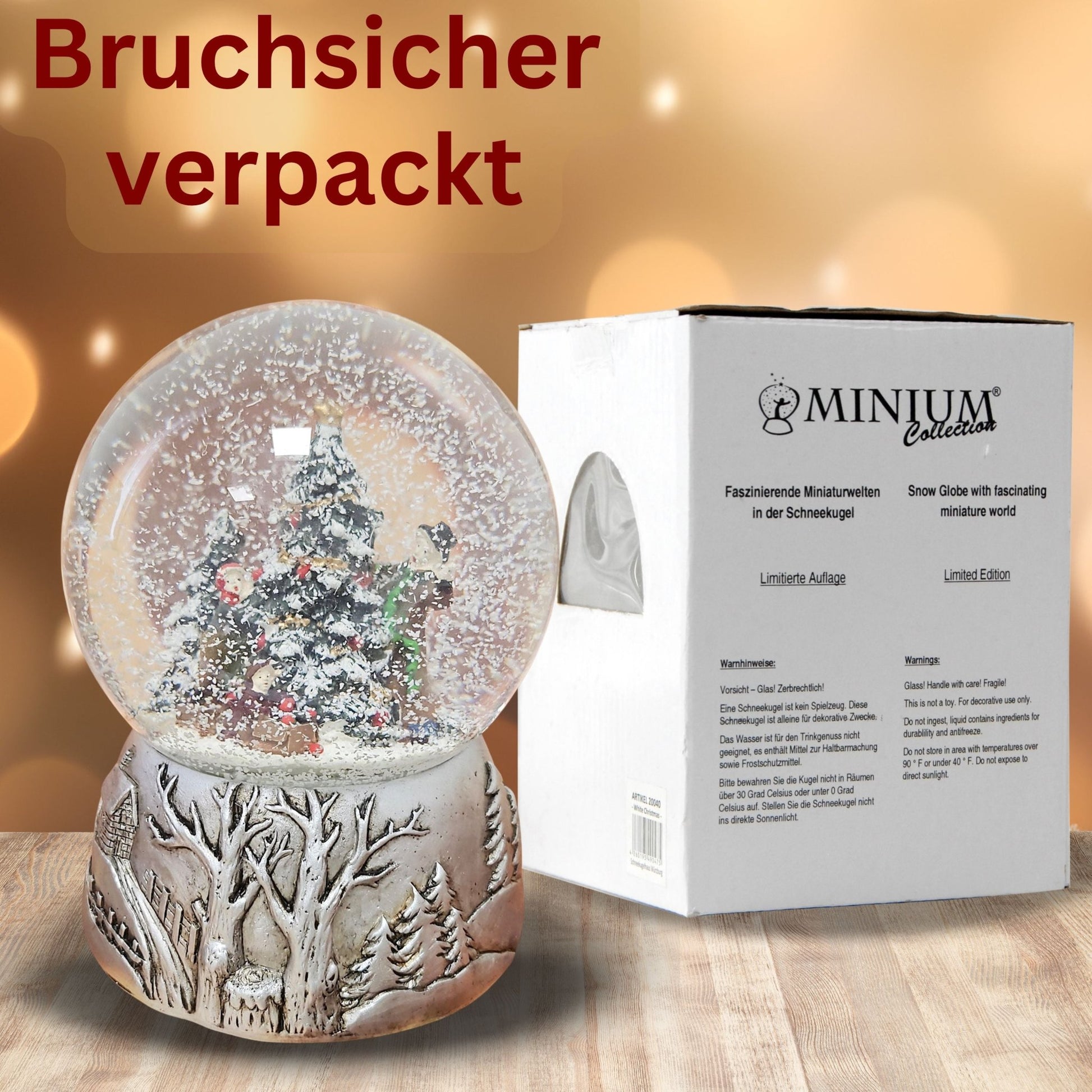Nostalgische Schneekugel Christbaum schmücken auf Silber Landschaft 100 mm Durchmesser mit Spieluhr - Schneekugelhaus