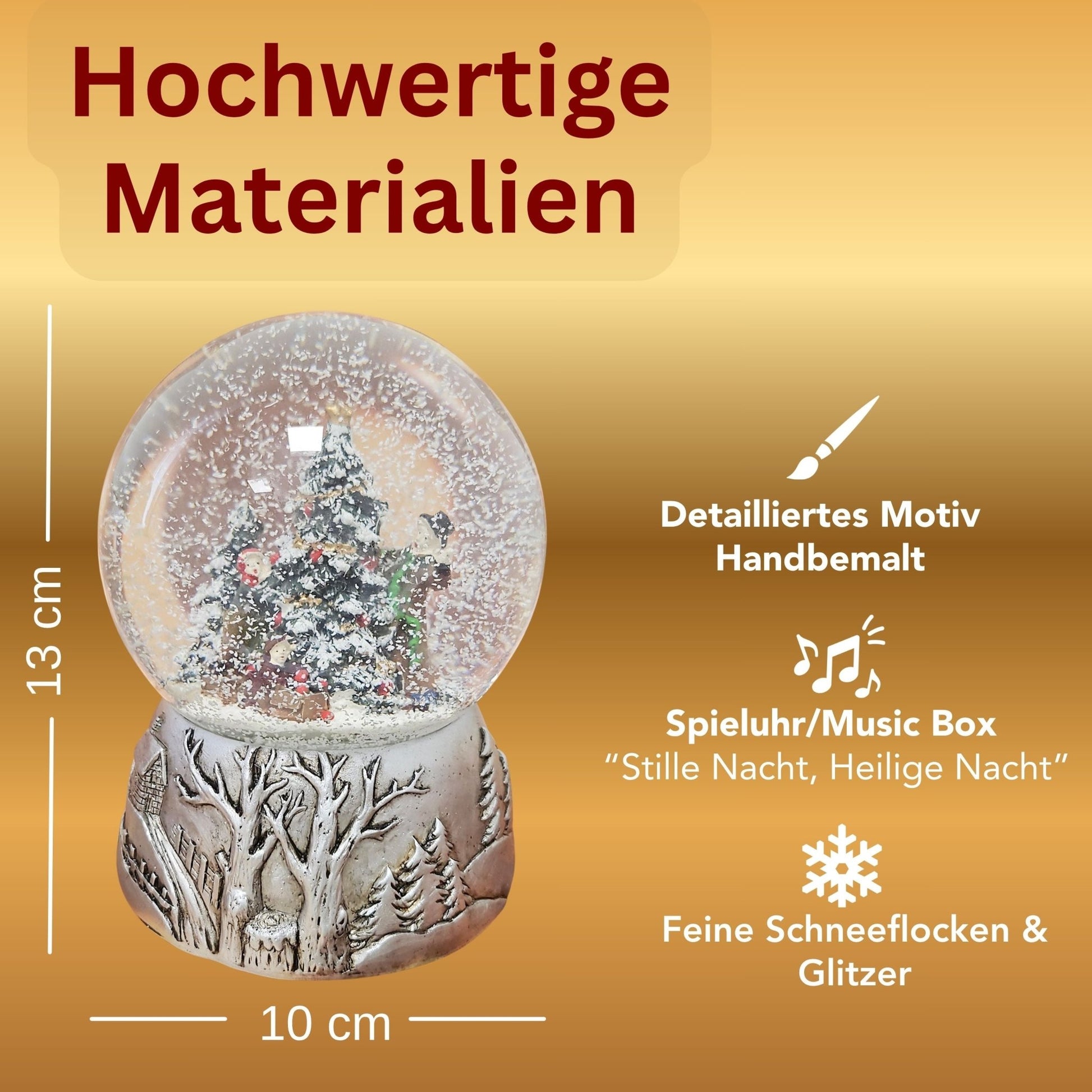 Nostalgische Schneekugel Christbaum schmücken auf Silber Landschaft 100 mm Durchmesser mit Spieluhr - Schneekugelhaus