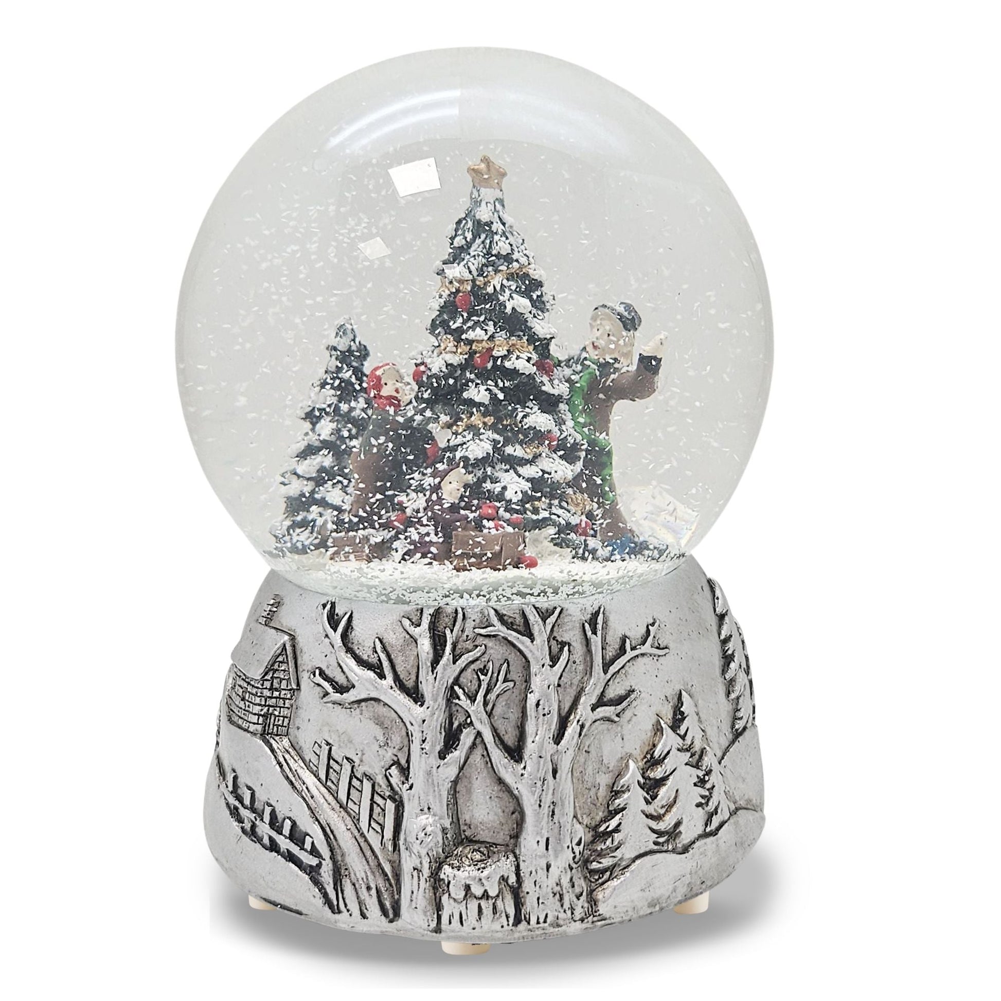 Nostalgische Schneekugel Christbaum schmücken auf Silber Landschaft 100 mm Durchmesser mit Spieluhr - Schneekugelhaus