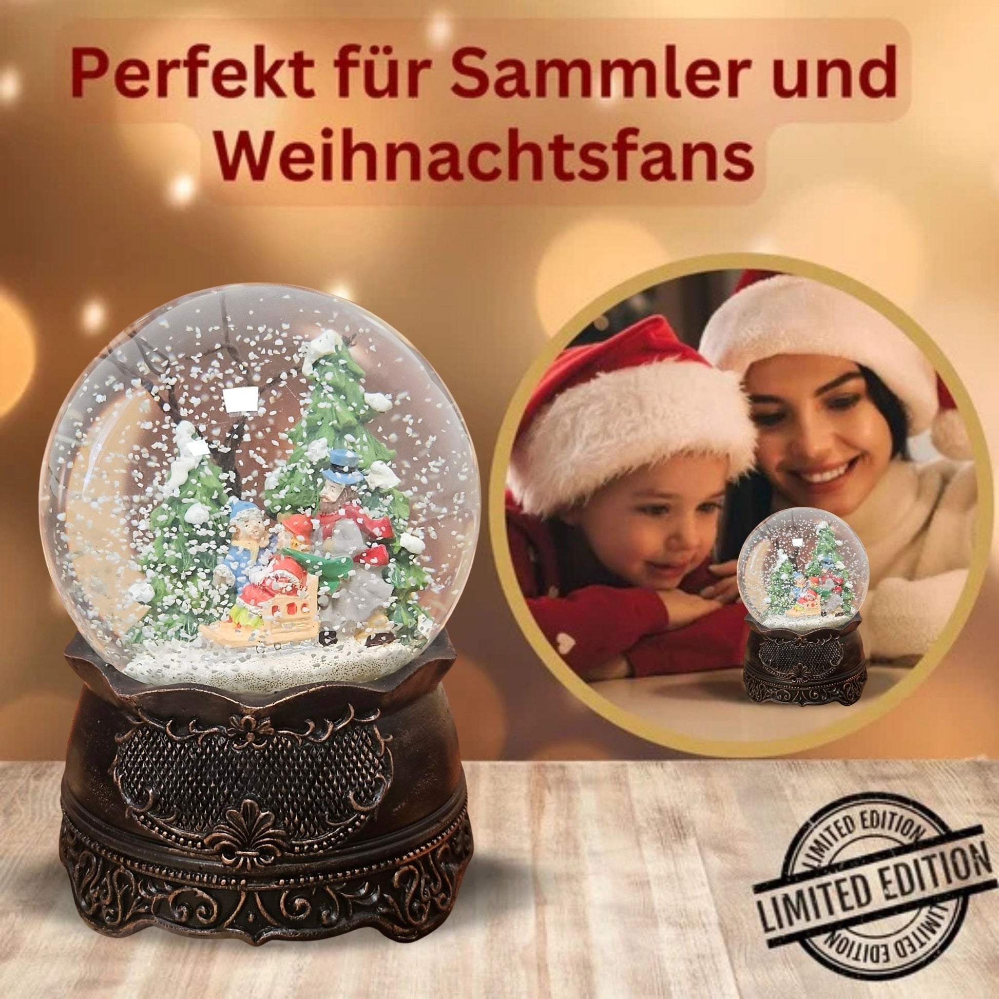 Nostalgische Schneekugel Familienspaziergang auf Ornamentsockel kupfer antik 100 mm Durchmesser mit Spieluhr - Schneekugelhaus