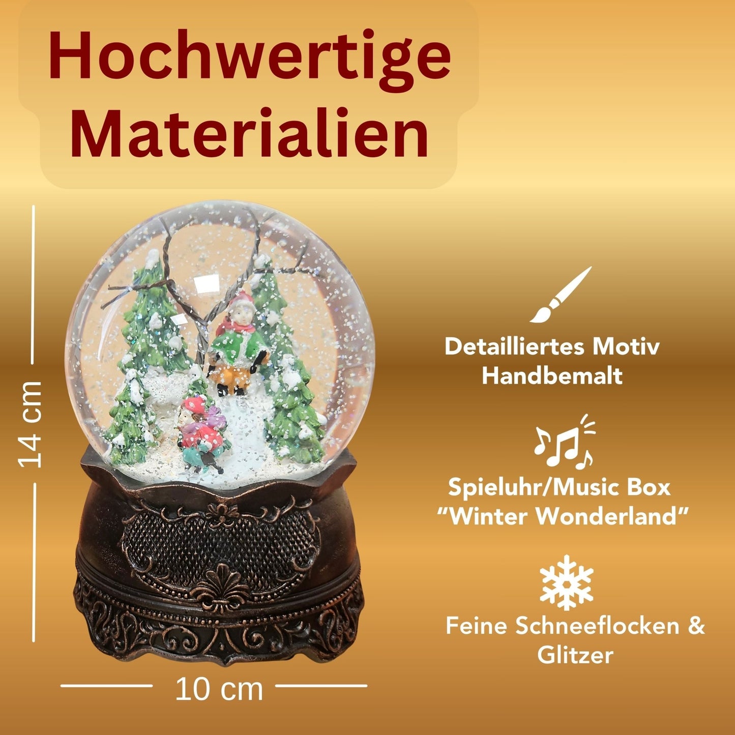 Nostalgische Schneekugel Familienspaziergang auf Ornamentsockel kupfer antik 100 mm Durchmesser mit Spieluhr - Schneekugelhaus
