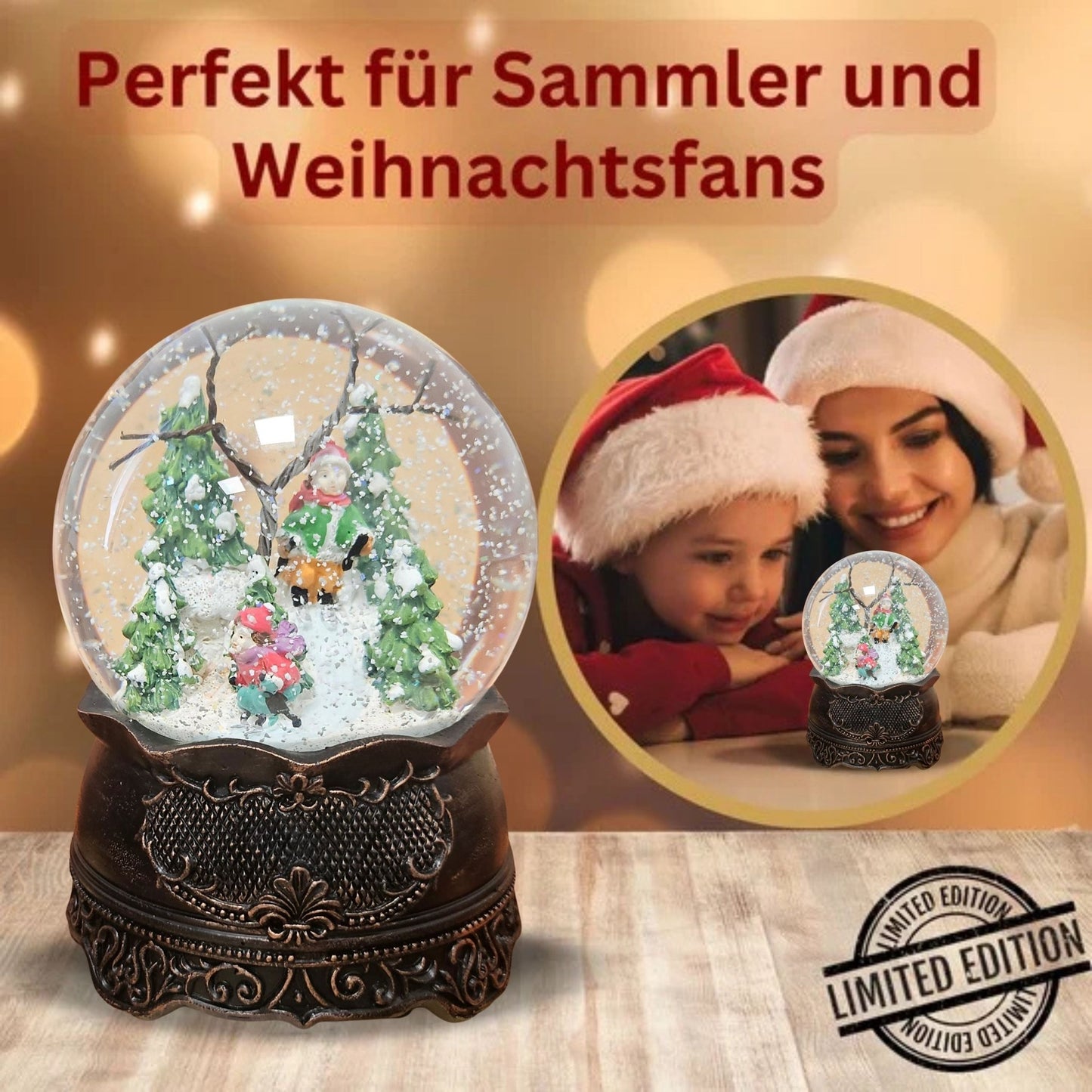 Nostalgische Schneekugel Familienspaziergang auf Ornamentsockel kupfer antik 100 mm Durchmesser mit Spieluhr - Schneekugelhaus
