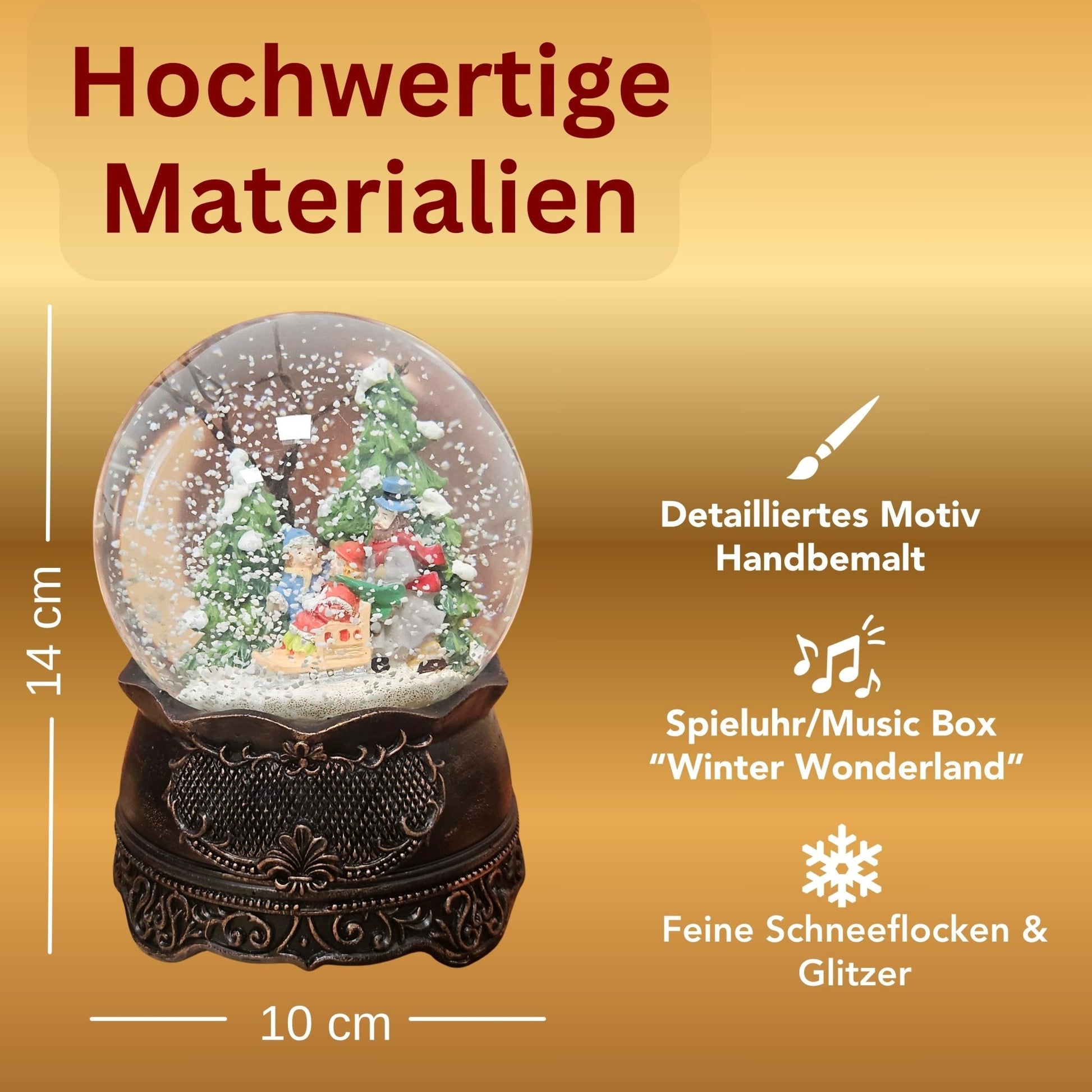 Nostalgische Schneekugel Familienspaziergang auf Ornamentsockel kupfer antik 100 mm Durchmesser mit Spieluhr - Schneekugelhaus
