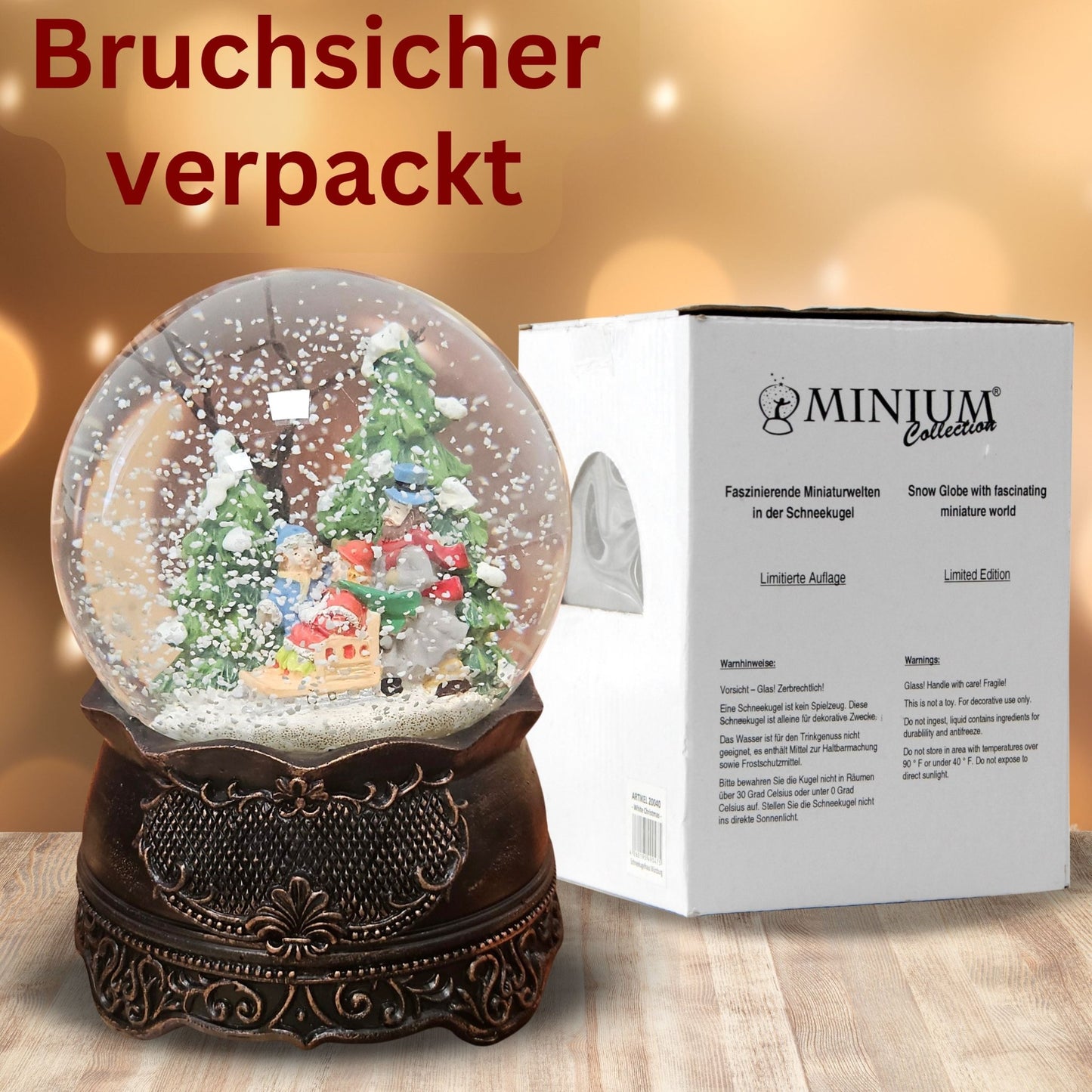 Nostalgische Schneekugel Familienspaziergang auf Ornamentsockel kupfer antik 100 mm Durchmesser mit Spieluhr - Schneekugelhaus