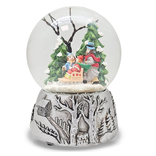 Nostalgische Schneekugel Familienspaziergang Silber Landschaft 100 mm Durchmesser mit Spieluhr - Schneekugelhaus
