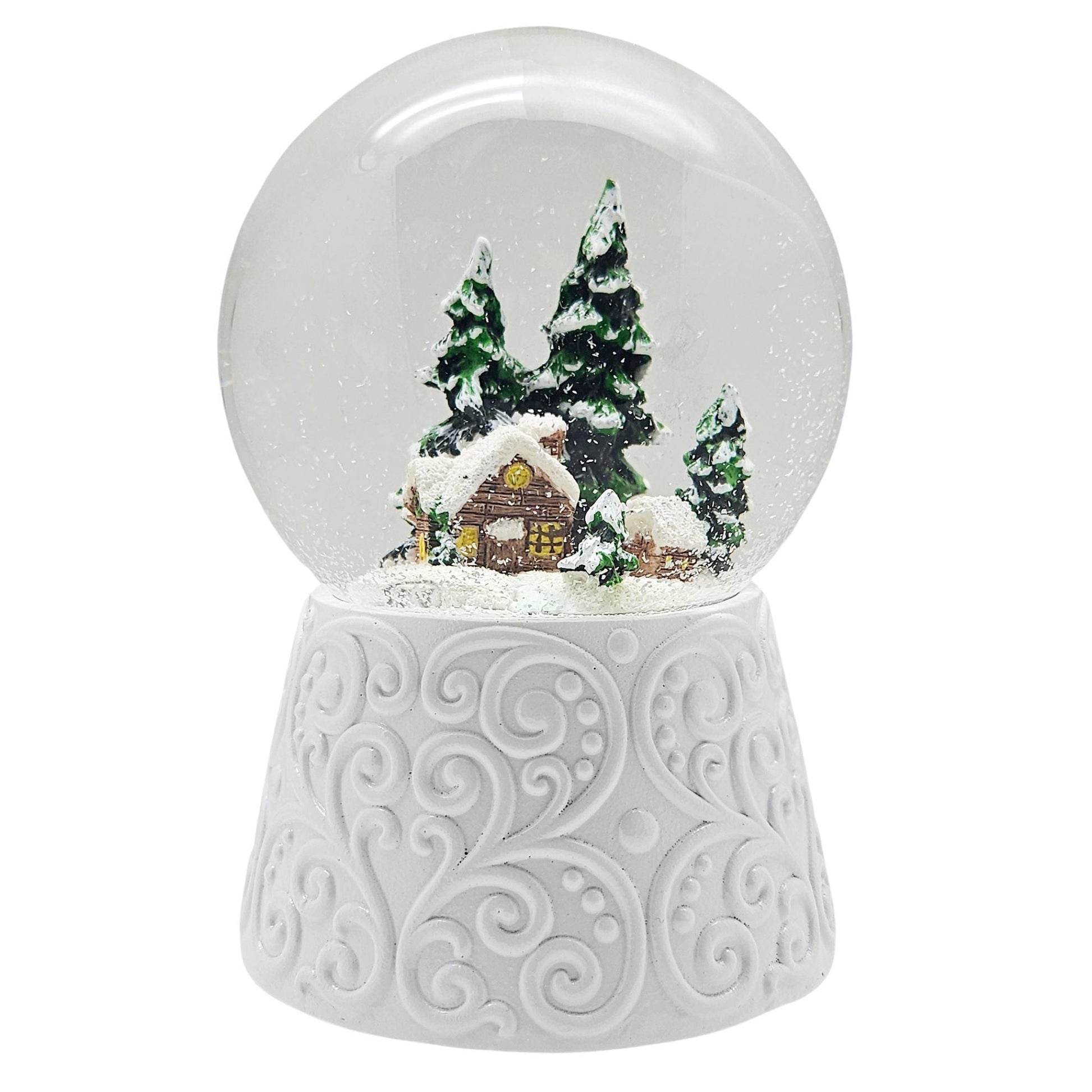 Nostalgische Schneekugel Hütte auf Ornamentsockel weiß 100 mm Durchmesser mit Spieluhr - Schneekugelhaus