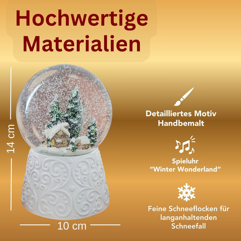 Nostalgische Schneekugel Hütte auf Ornamentsockel weiß 100 mm Durchmesser mit Spieluhr - Schneekugelhaus