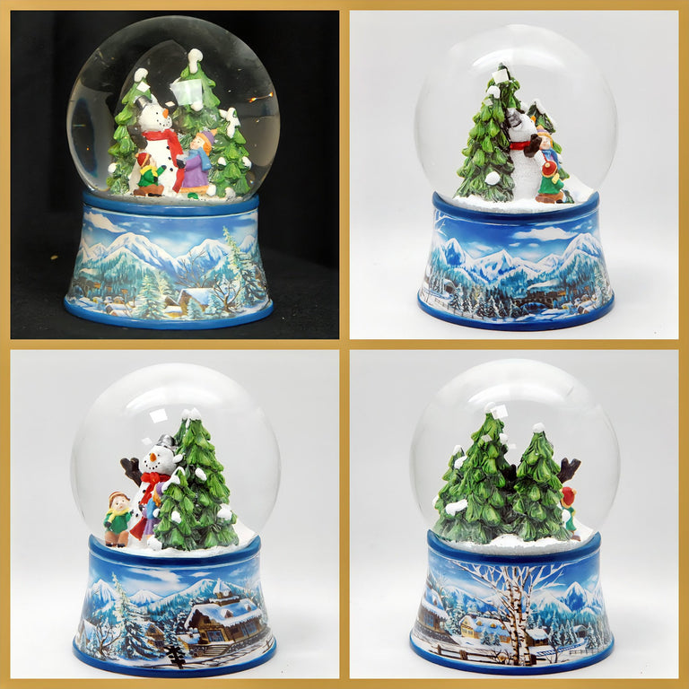 Nostalgische Schneekugel Kinder bauen Schneemann auf Sockel Winterlandschaft hellblau 100 mm Durchmesser mit Spieluhr - Schneekugelhaus
