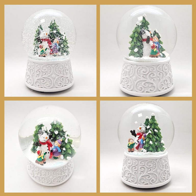Nostalgische Schneekugel Kinder bauen Schneemann Ornamente 100 mm Durchmesser mit Spieluhr - Schneekugelhaus