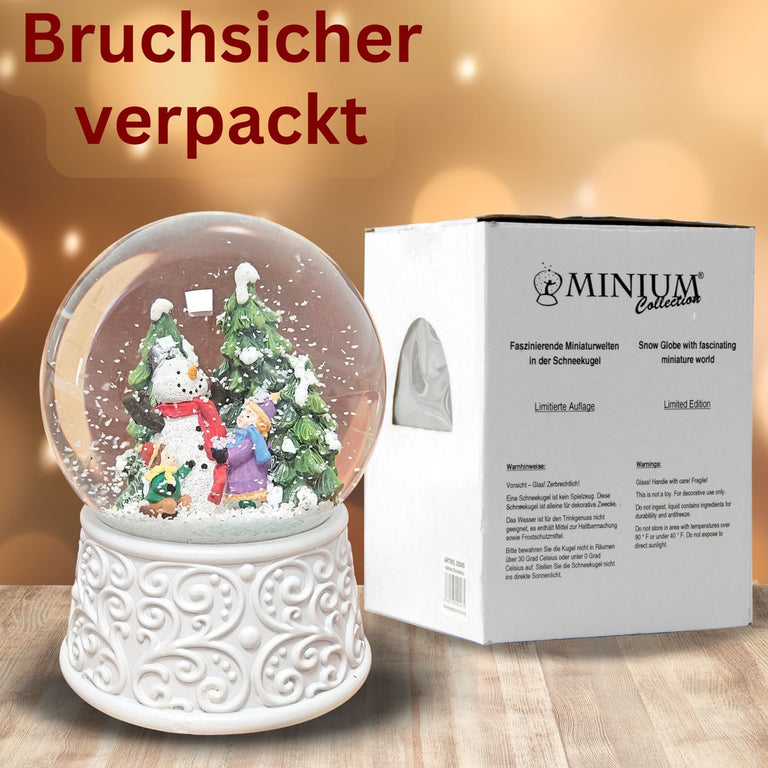 Nostalgische Schneekugel Kinder bauen Schneemann Ornamente 100 mm Durchmesser mit Spieluhr - Schneekugelhaus