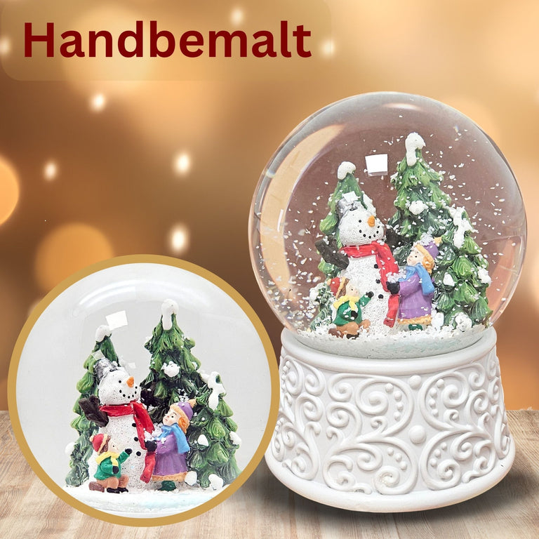 Nostalgische Schneekugel Kinder bauen Schneemann Ornamente 100 mm Durchmesser mit Spieluhr - Schneekugelhaus