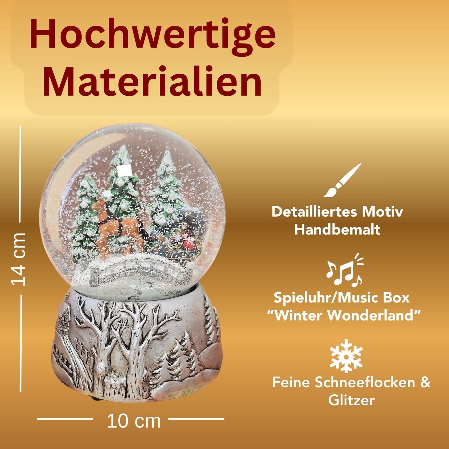 Nostalgische Schneekugel Kutsche Brücke auf Silber Landschaft 100 mm Durchmesser mit Spieluhr - Schneekugelhaus