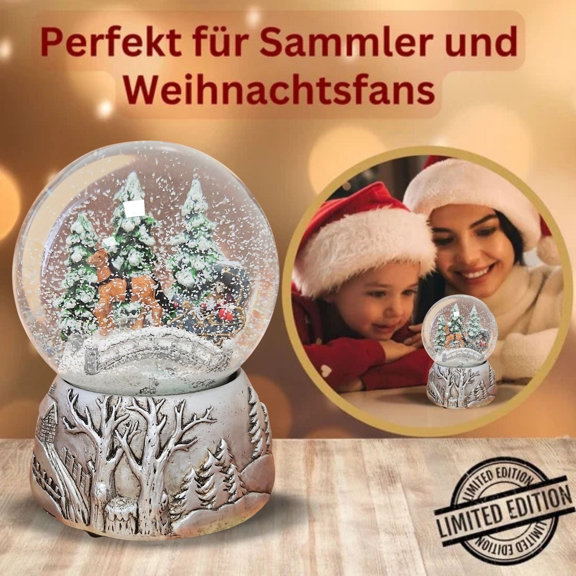 Nostalgische Schneekugel Kutsche Brücke auf Silber Landschaft 100 mm Durchmesser mit Spieluhr - Schneekugelhaus