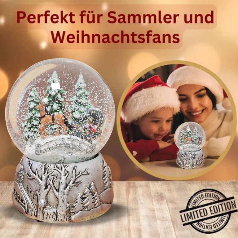 Nostalgische Schneekugel Kutsche Brücke auf Silber Landschaft 100 mm Durchmesser mit Spieluhr - Schneekugelhaus