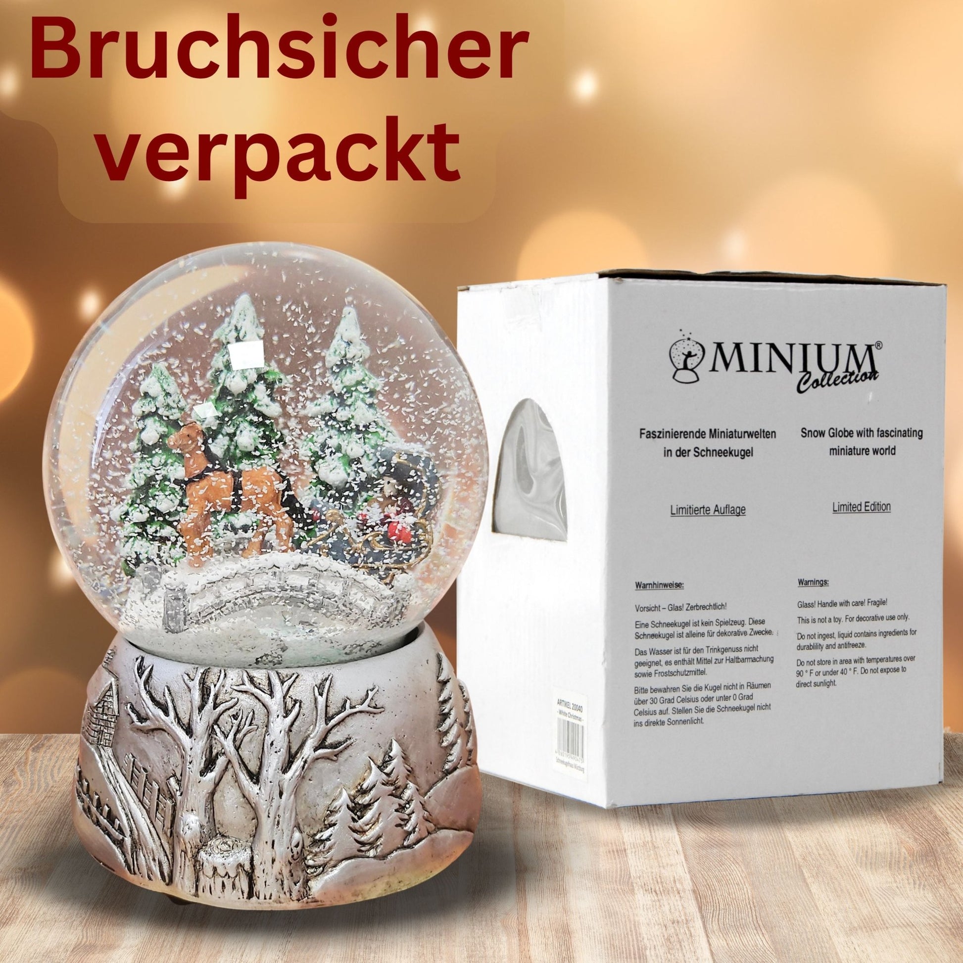 Nostalgische Schneekugel Kutsche Brücke auf Silber Landschaft 100 mm Durchmesser mit Spieluhr - Schneekugelhaus