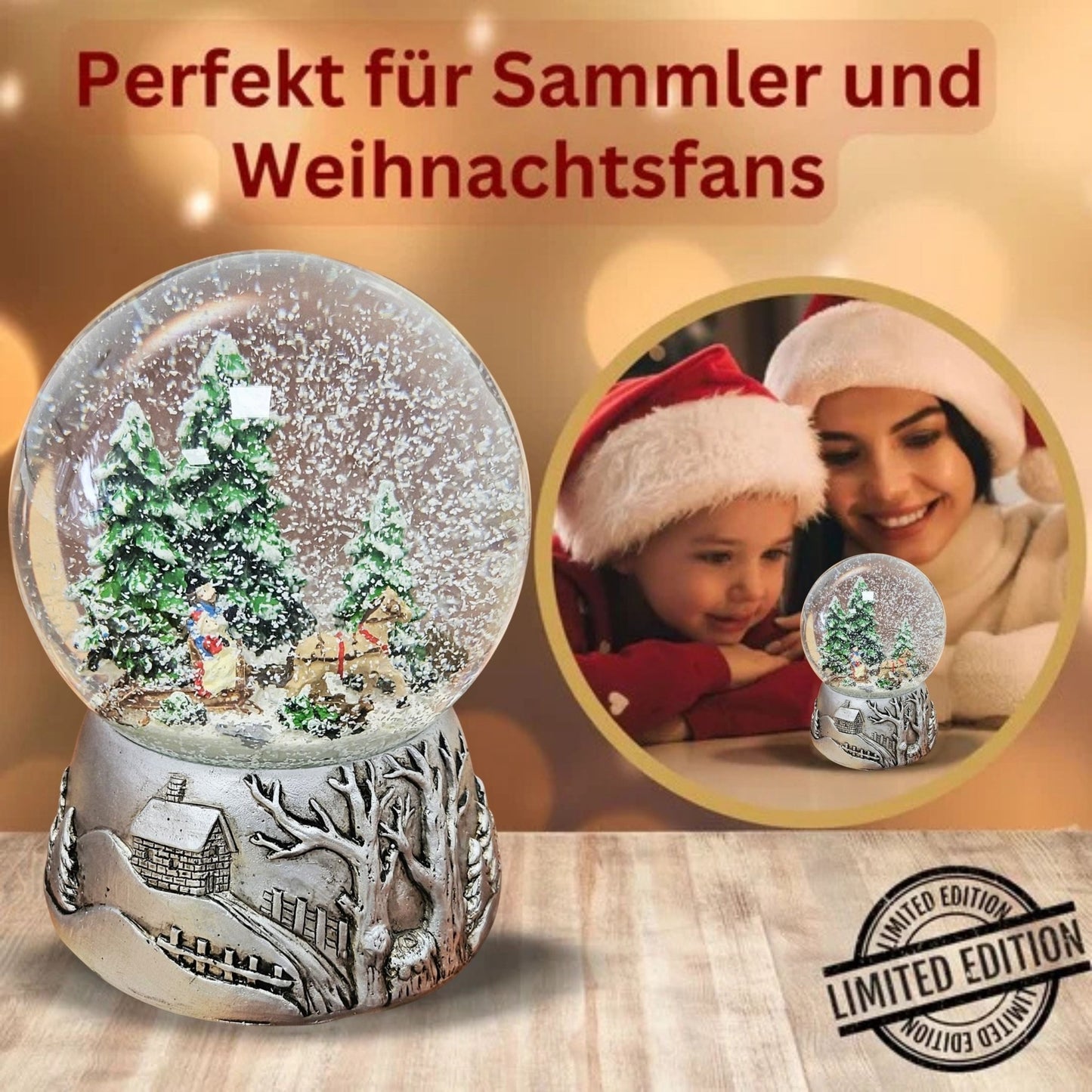 Nostalgische Schneekugel Schlittenfahrt auf Silber Landschaft 100 mm Durchmesser mit Spieluhr - Schneekugelhaus