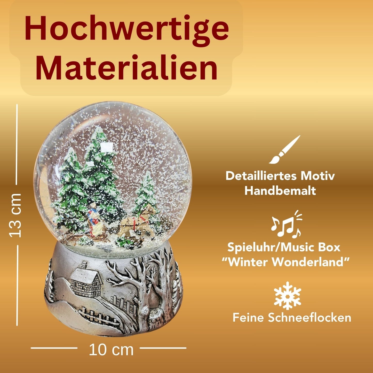 Nostalgische Schneekugel Schlittenfahrt auf Silber Landschaft 100 mm Durchmesser mit Spieluhr - Schneekugelhaus
