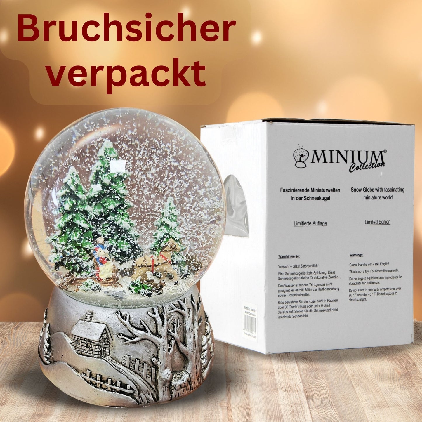 Nostalgische Schneekugel Schlittenfahrt auf Silber Landschaft 100 mm Durchmesser mit Spieluhr - Schneekugelhaus