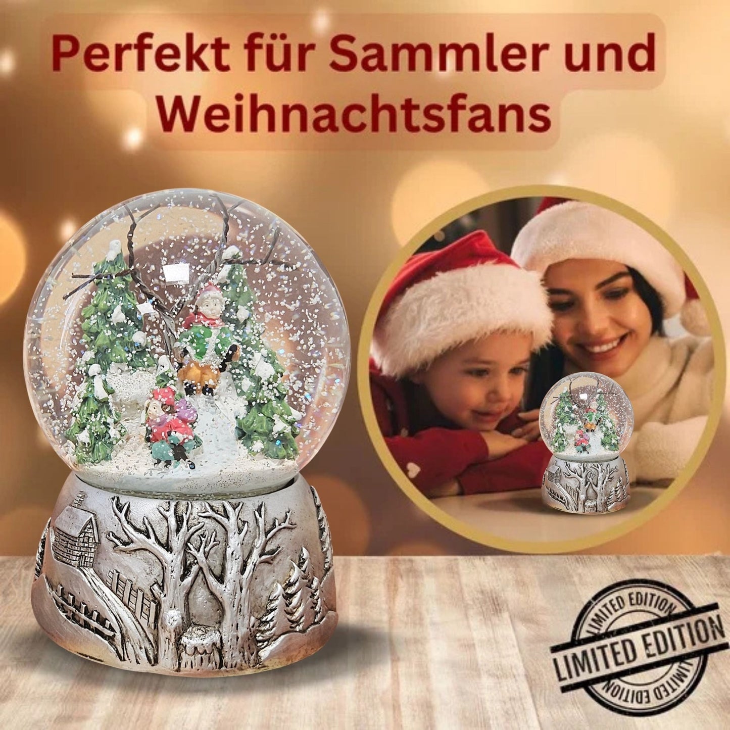 Nostalgische Schneekugel Skifahrer auf Silber Landschaft 100 mm Durchmesser mit Spieluhr - Schneekugelhaus