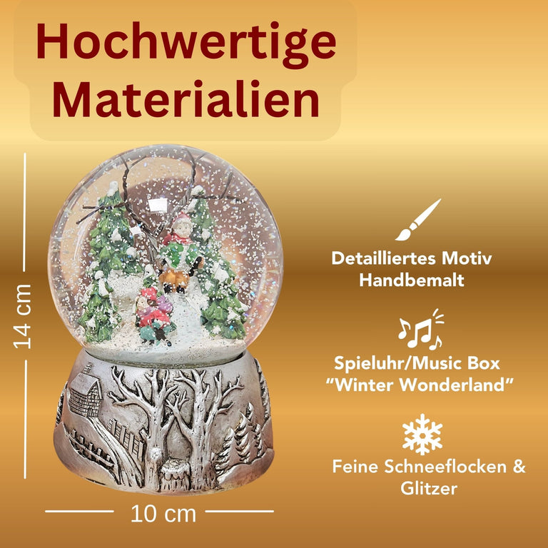 Nostalgische Schneekugel Skifahrer auf Silber Landschaft 100 mm Durchmesser mit Spieluhr - Schneekugelhaus