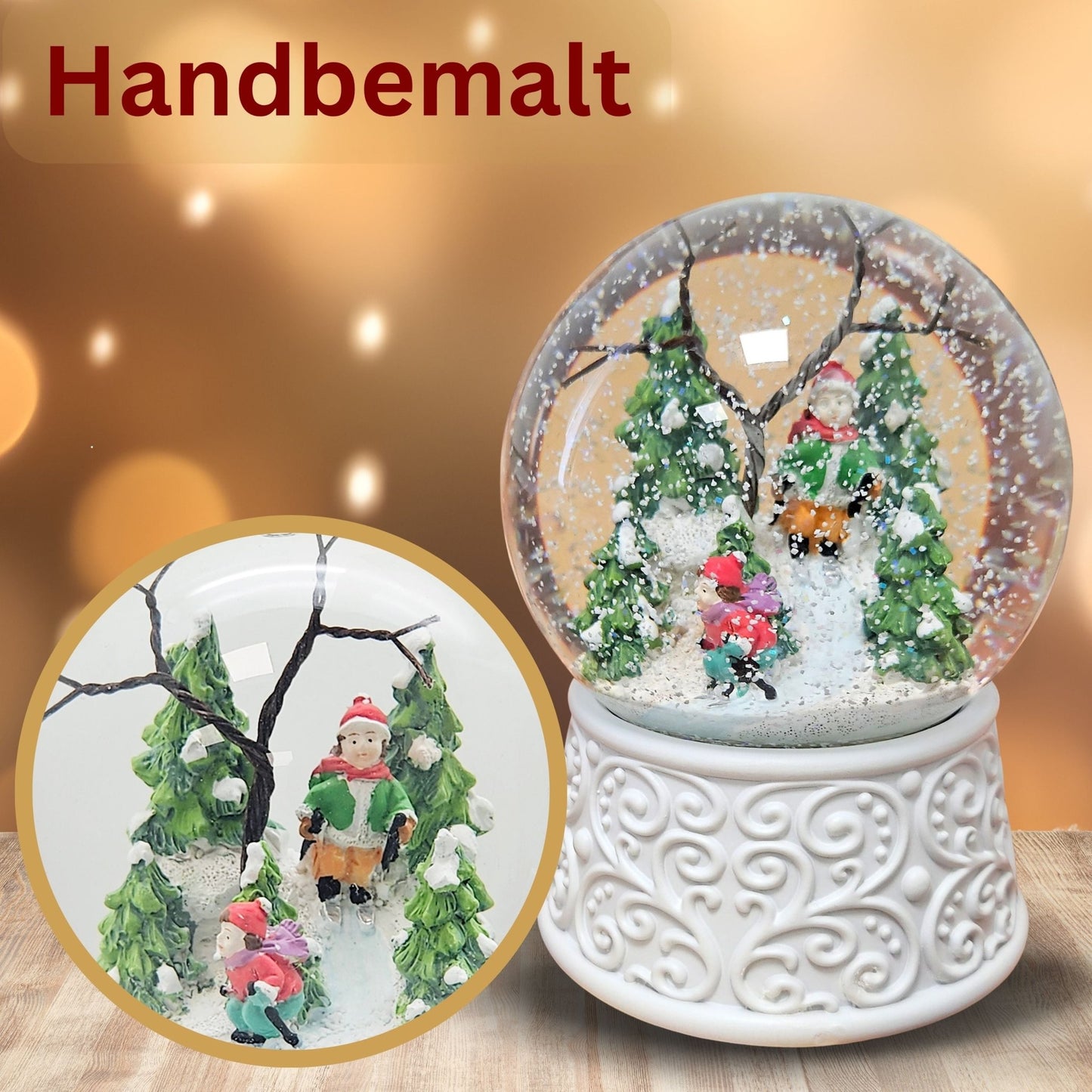 Nostalgische Schneekugel Skifahrer Ornamente 100 mm Durchmesser mit Spieluhr - Schneekugelhaus