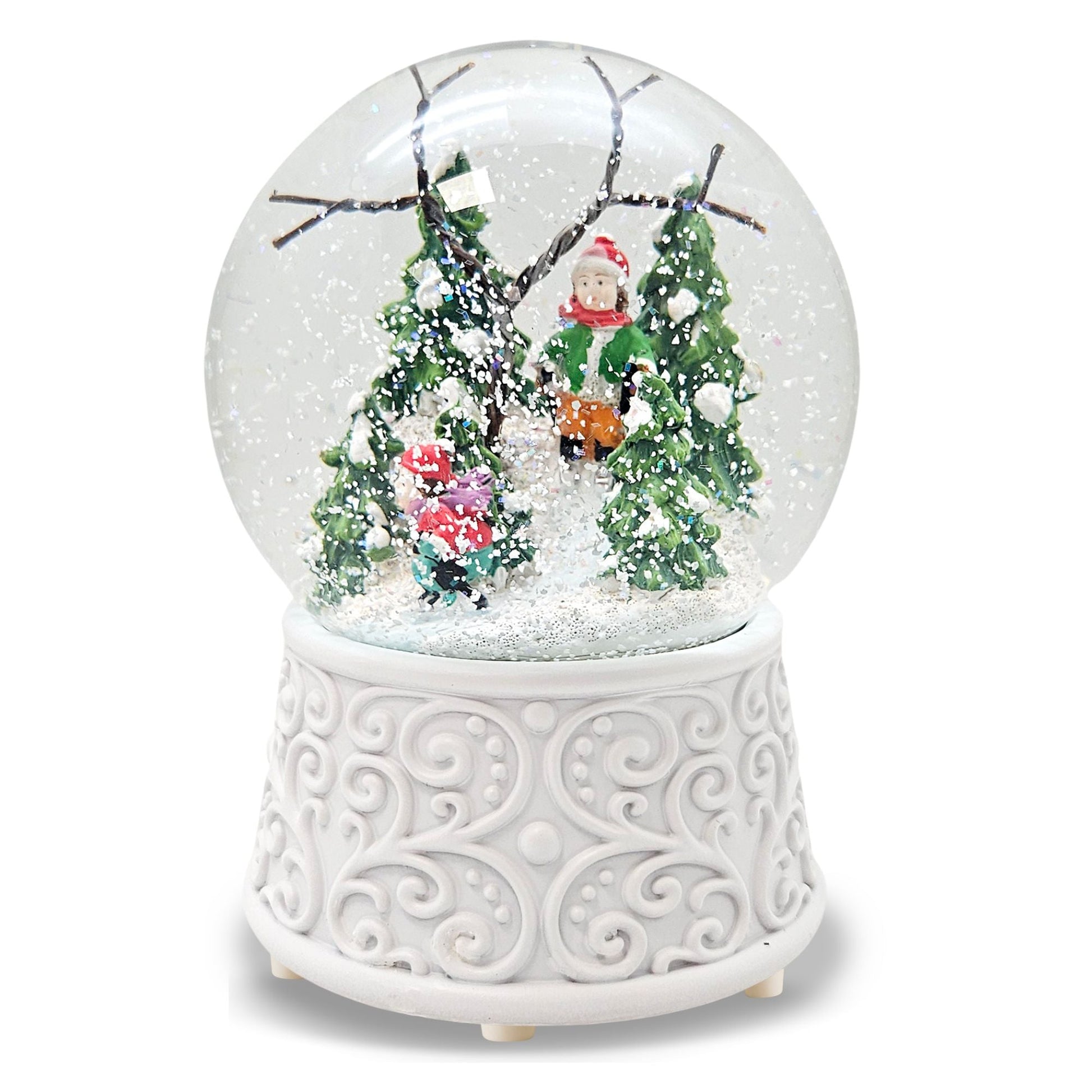 Nostalgische Schneekugel Skifahrer Ornamente 100 mm Durchmesser mit Spieluhr - Schneekugelhaus