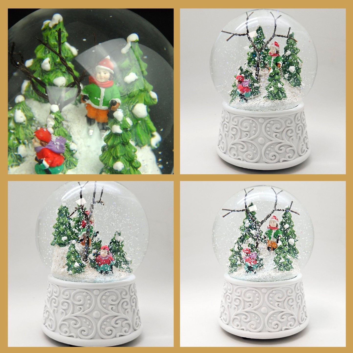 Nostalgische Schneekugel Skifahrer Ornamente 100 mm Durchmesser mit Spieluhr - Schneekugelhaus