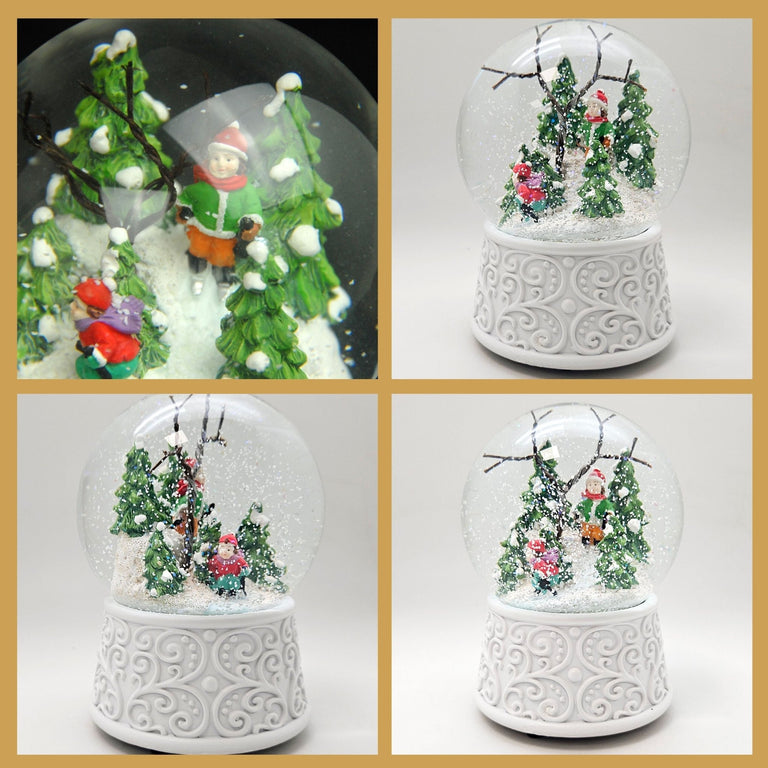Nostalgische Schneekugel Skifahrer Ornamente 100 mm Durchmesser mit Spieluhr - Schneekugelhaus
