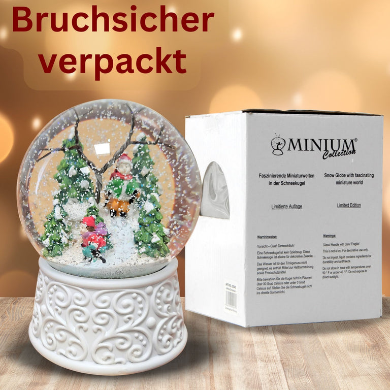 Nostalgische Schneekugel Skifahrer Ornamente 100 mm Durchmesser mit Spieluhr - Schneekugelhaus