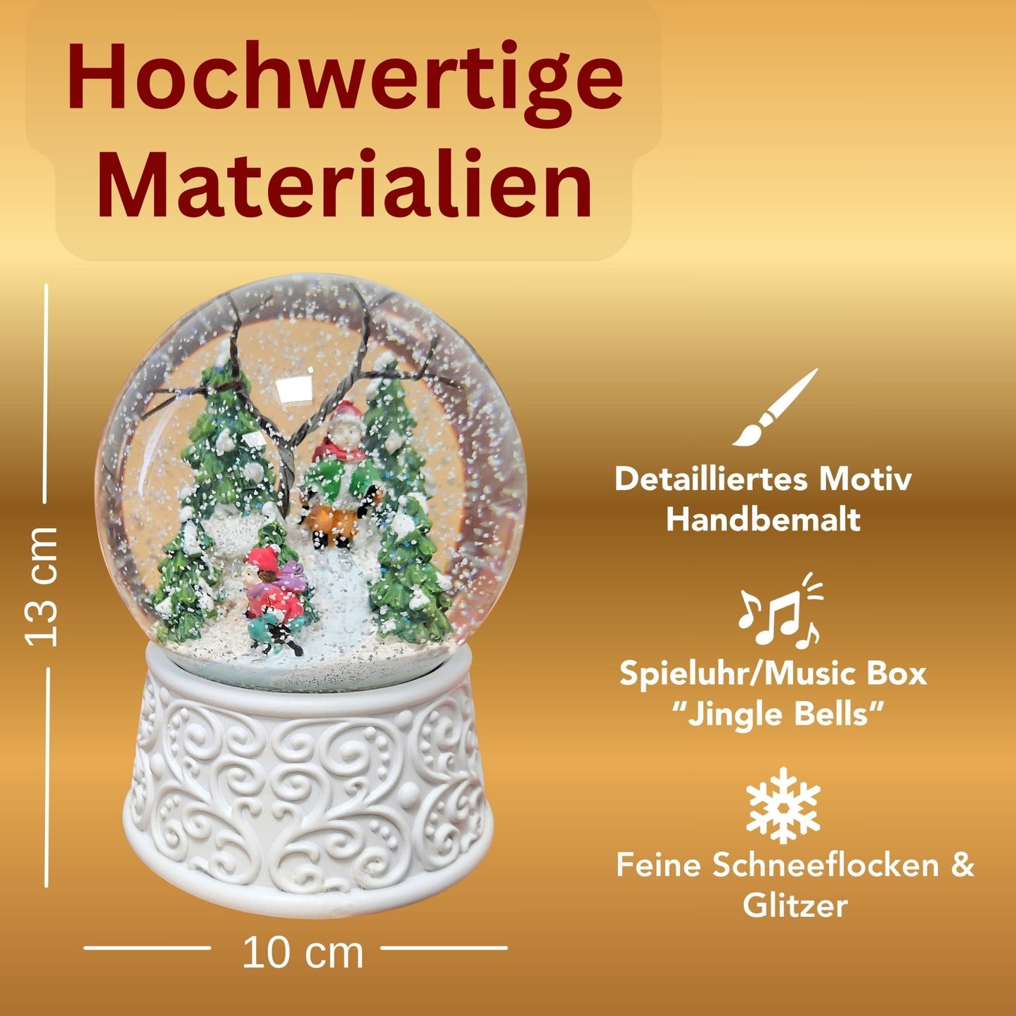 Nostalgische Schneekugel Skifahrer Ornamente 100 mm Durchmesser mit Spieluhr - Schneekugelhaus