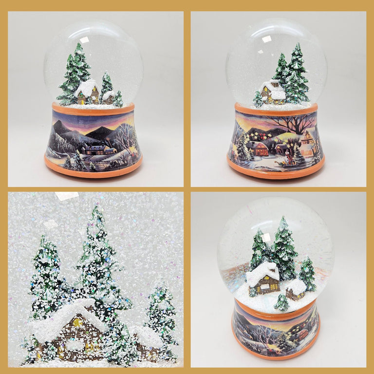 Nostalgische Schneekugel Verschneite Winterhütte auf Winterlandschaft Ocker 100 mm Durchmesser mit Spieluhr - Schneekugelhaus